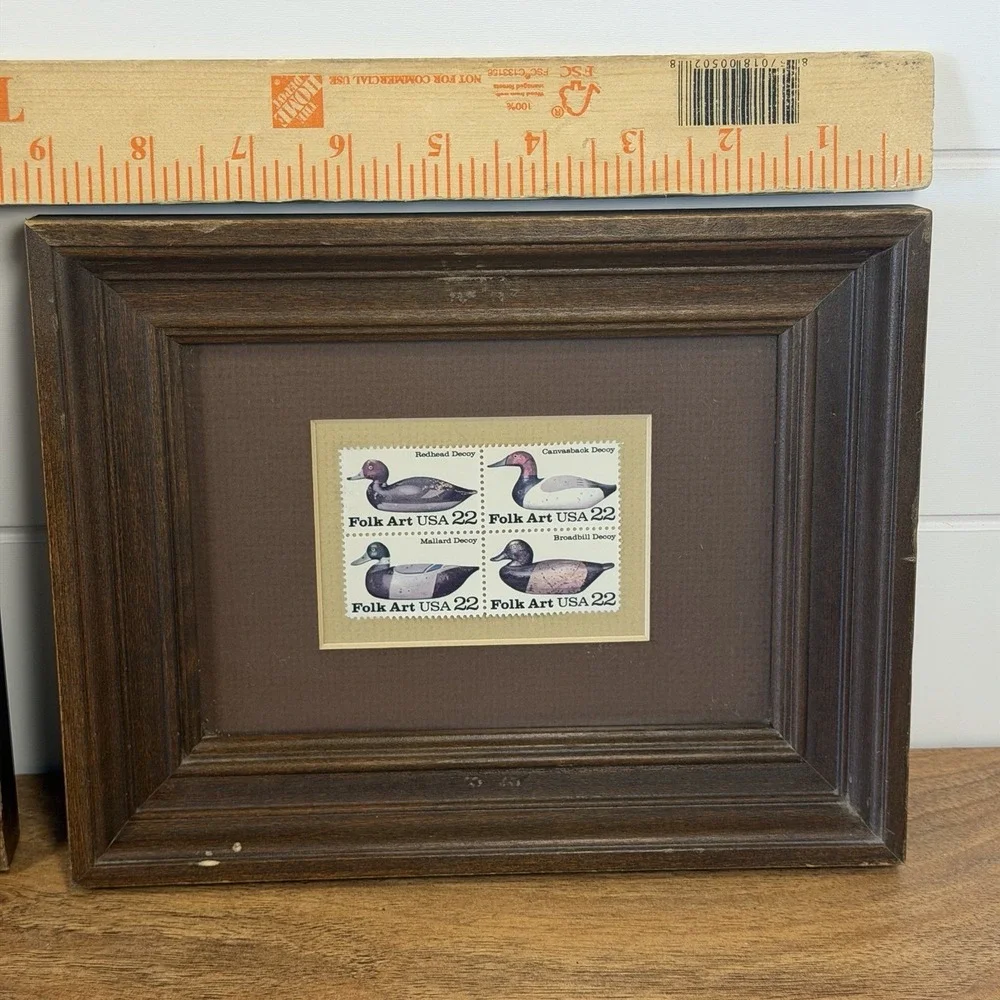 Framed VTG 1985 Folk Art USA 22¢ Duck Decoy Stamps Block of 4 Rustic Decor Set